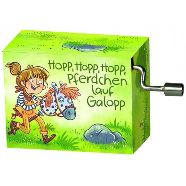 Handkurbel Musikdose Hopp Pferdchen lauf Galopp